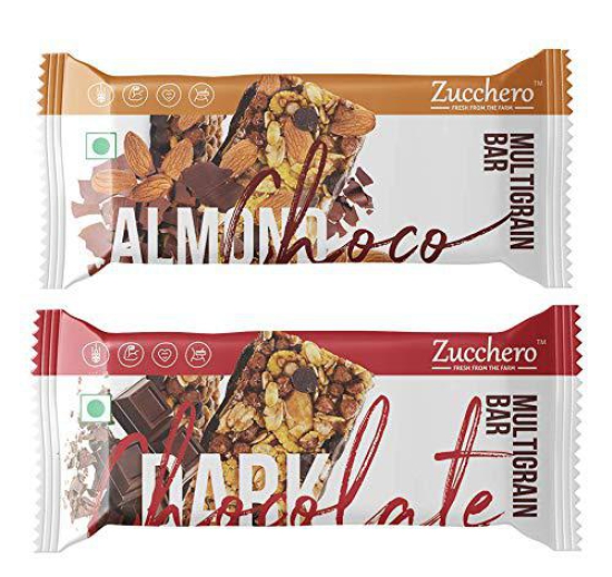 Zucchero Multigrain Variety Pack, Choco Almond + Dark Chocolate Bar, Pack of 10 [Whole Oats + Hi-Fiber + Flat Tummies]