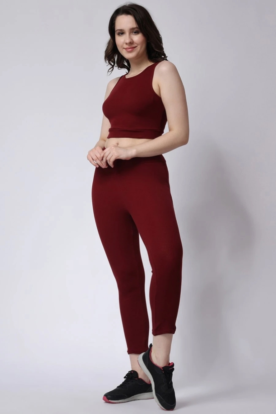 Womens Maroon Gym Co-Ord Set Leggings & Sleeveless Crop Top-S / Maroon