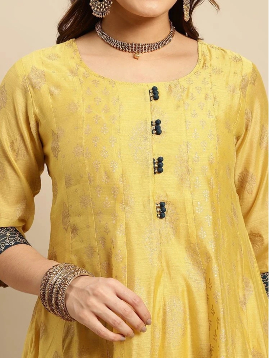 Rangita Women Chanderi Yellow Gold Printed Calf Length Kalidar Kurti With Contrast Border At Bottom Hem - None