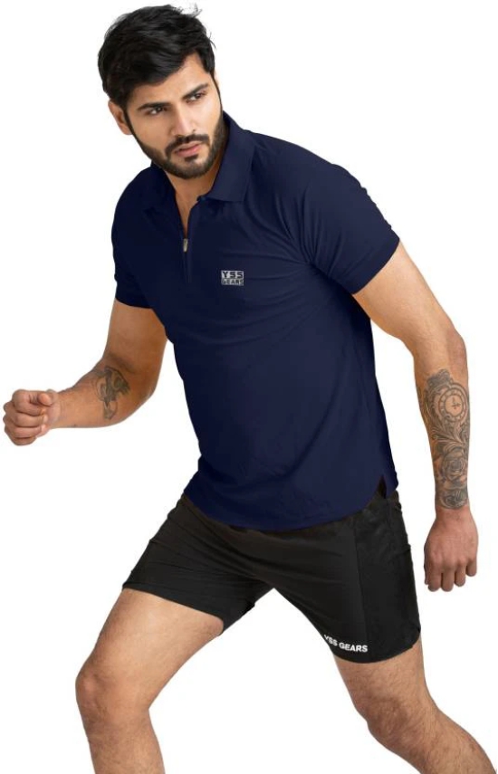 Men Solid Polo Neck Polyester Dark Blue T-Shirt