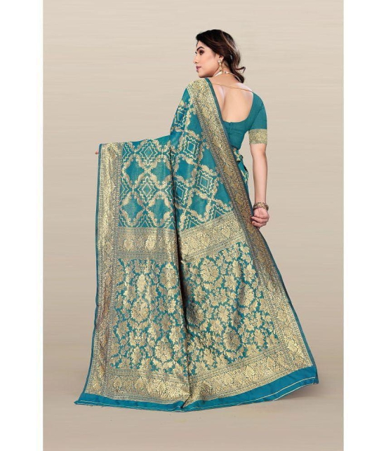 Om Shantam Sarees Banarasi Silk Embellished Saree With Blouse Piece - Turquoise ( Pack of 1 ) - Turquoise