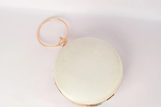 Embellished Cream With Multi Color Round Shape Hand Clutch Cum Sling Hanging Bag