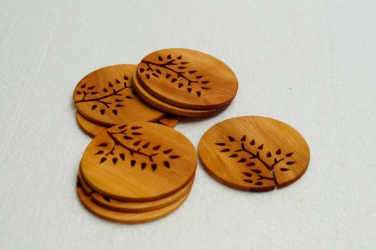  Set of 6 Round Wooden Coasters with Tree of Life Design