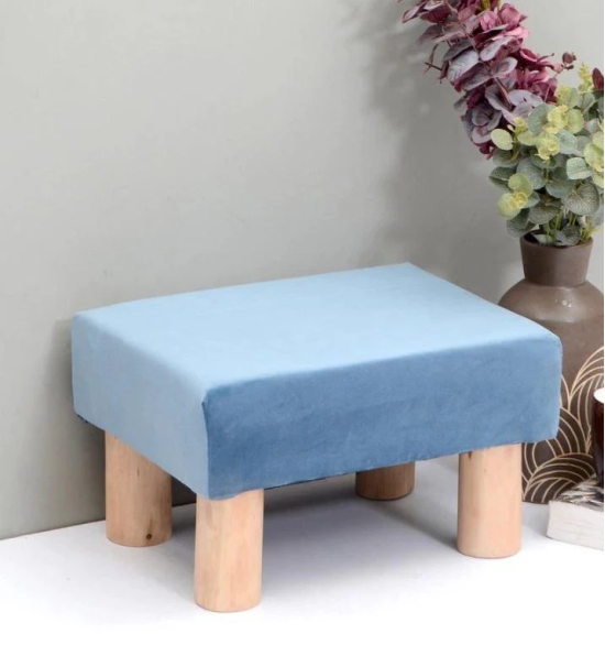 Solid Wood Foot Stool In Velvet Blue Colour-Blue