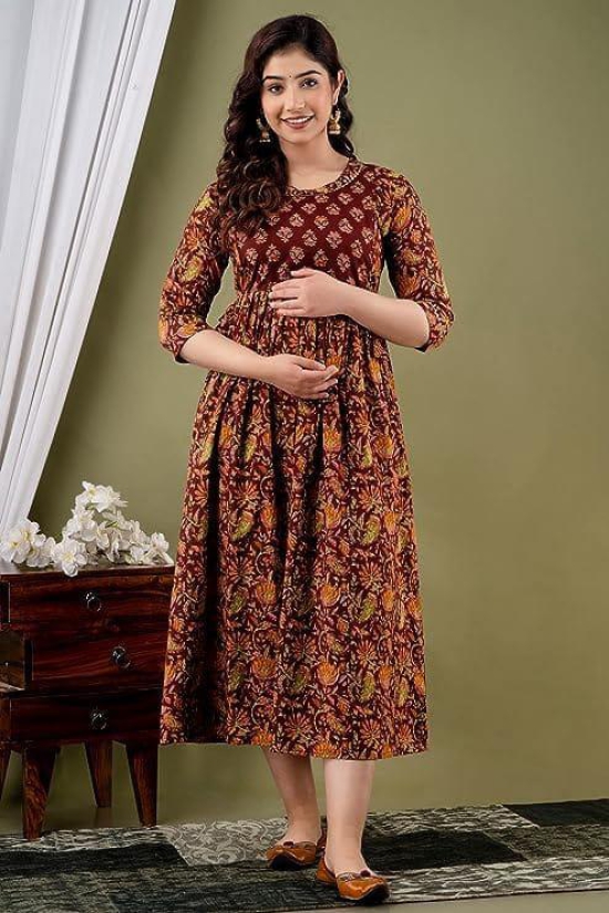 KASHVI Creation Women's Cotton Floral Printed Anarkali Maternity Feeding Kurta ( Brown)