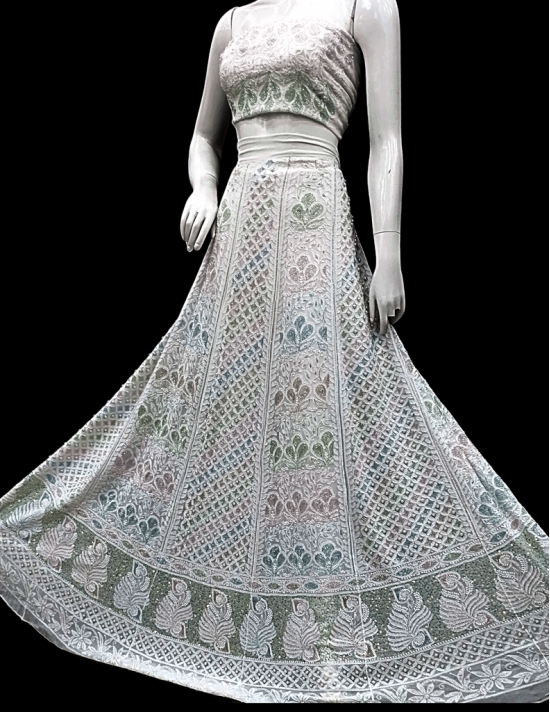 White | Semi-Stitched | Free Size | Lehenga Choli | Chikankari | Lucknowi | Hand Embroidery | Cotten | White