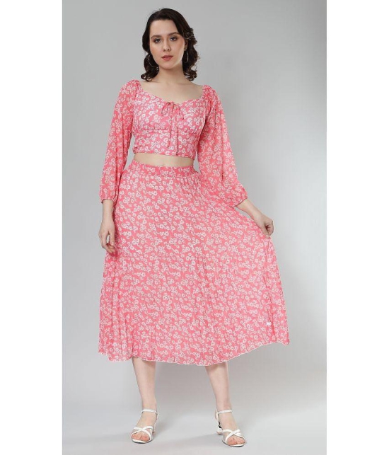 Pink Floral Printed Balloon Sleeves Top & Pleated Skirt Co-ord Set - None