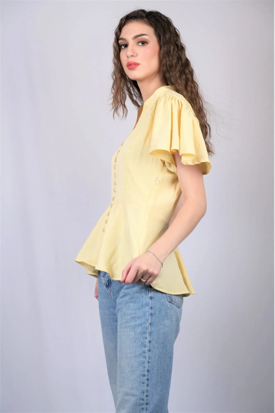 Yellow Embellished V-Neck Flutter Sleeves Peplum Top (OTL-TPS1004)-Yellow / XS