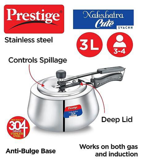 Prestige Nakshatra Cute Svachh Stainless Steel Spillage Control Pressure Cooker, 3 L (Silver)