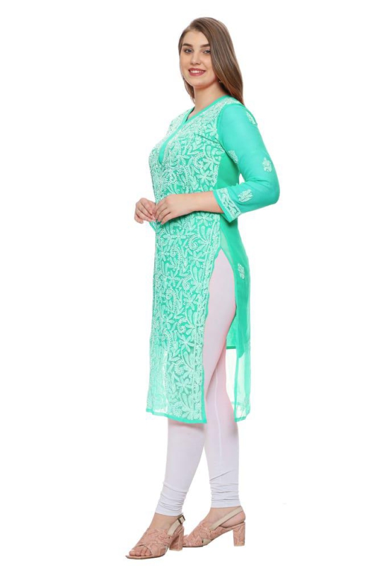 Lavangi Women Lucknow Chikankari Sea Green Georgette Kurti with Matching Cotton Inner