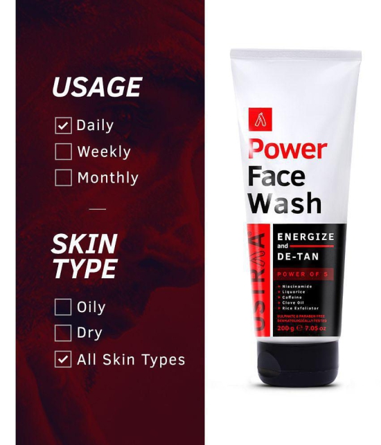 Ustraa Power Face Wash Energize and De-Tan - 200g - Dermatologically Tested, No Sulphates, No Parabens, No Silicone, No Mineral Oil