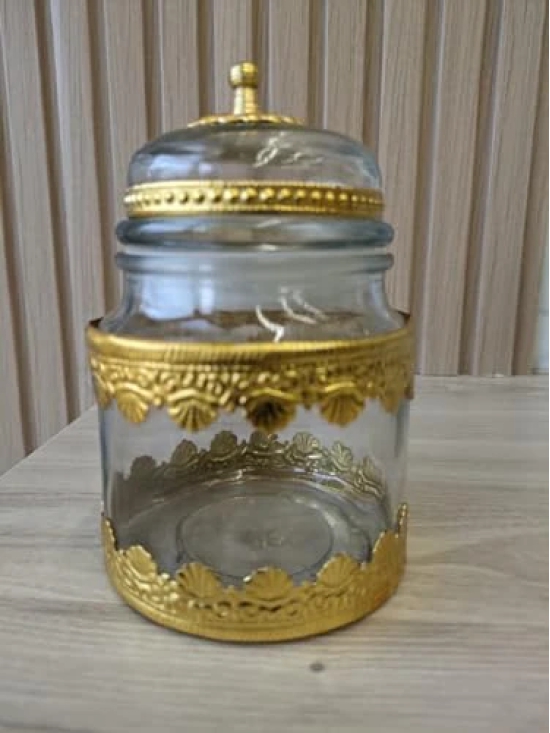 Aarna Creations Designer Medium Glass jar with metal work | Air tight glass jars with antique golden work | Glass & metal container