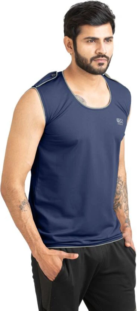 Men Solid Round Neck Polyester Dark Blue T-Shirt