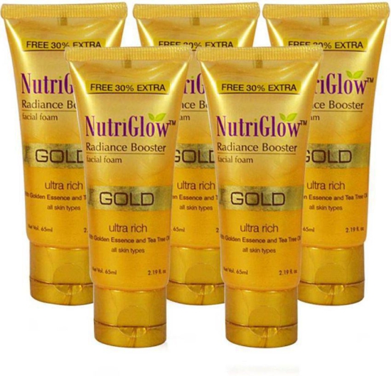 NutriGlow Gold Radiance Booster Foam Face Wash For Nourished & Hydrated Skin, Reduce Dark Spot & Blemishes, 65ml (Pack of 5)