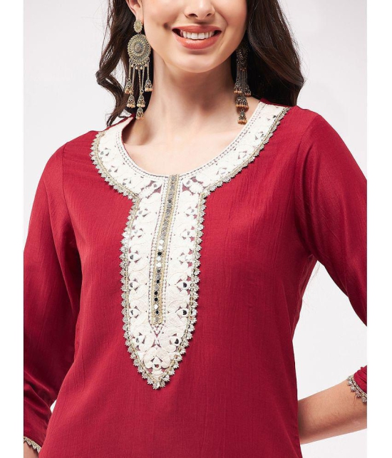 Pannkh - Red Art Silk Womens Straight Kurti ( Pack of 1 ) - None