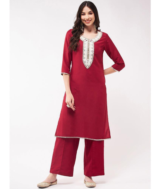 Pannkh - Red Art Silk Womens Straight Kurti ( Pack of 1 ) - None