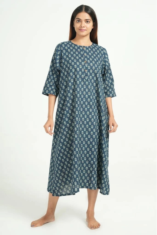 BREATHABLES Women Cotton Printed Loungewear Dress Short Sleeve Round Neck Comfort Loose Fit Blue(Night Wear | Nighty |  Nightie )