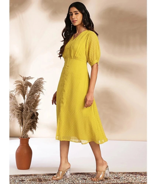 Janasya Chiffon Self Design Midi Womens A-line Dress - Mustard ( Pack of 1 ) - None