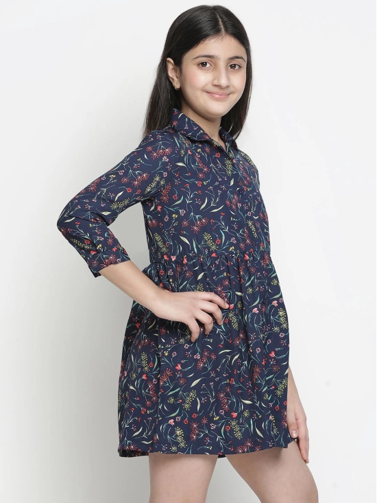 Oxolloxo Girls Navy Blue Floral Satin Shirt Dress