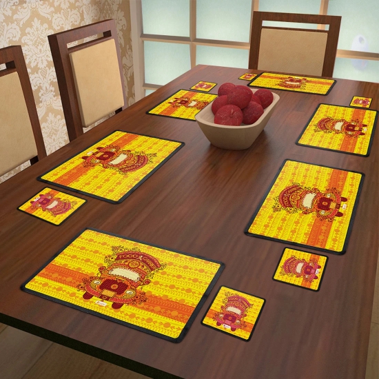 Indigifts Diwali Decoration Items Good Luck Quote Yellow Table Mat and Coaster Set of 6 - Diwali Gift Items, Dipawali Gift Items, Dipawli Gifts, Deepawali Greetings, Deepavali Decoration