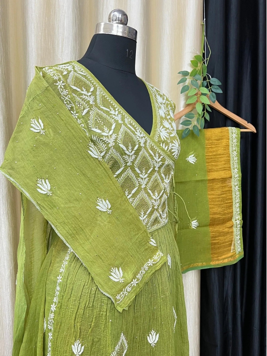 Chikankari Tunics-Pure Tissue Silk / Parrot  Green / Tunics