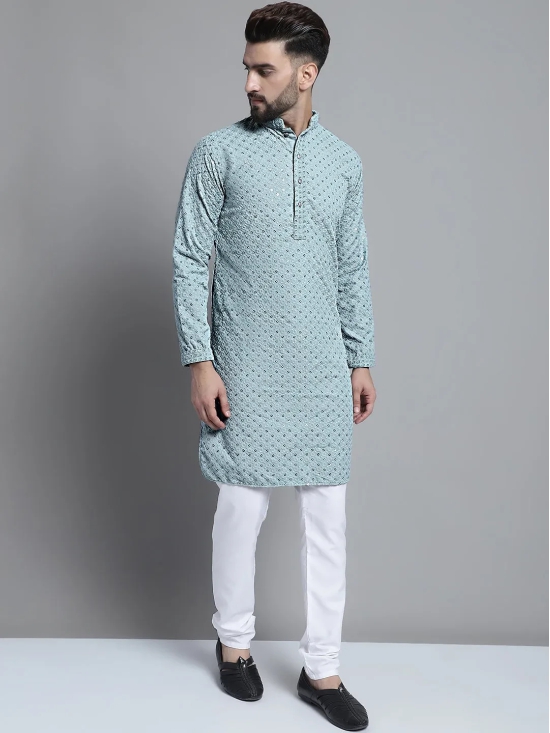 Men Blue Chikankari Embroidered and Sequence Kurta Only-XXL / Blue