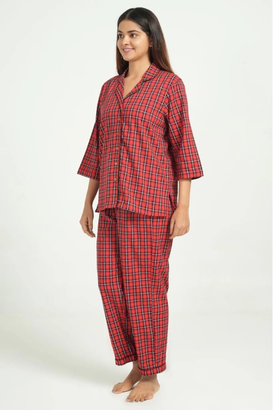 BREATHABLES Women Cotton Checks Nightsuit Shirt and Pants Co-ord Set 3/4 Sleeve Notched Collar Comfort Loose Fit Red(Night Wear | Co-ord set | Lounge Wear Set)