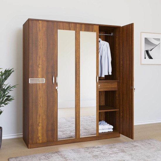 Wood 4 Door Mirror Wardrobe with 2 Hanging Rods, 4 Shelves, and 2 Drawers| 1 Year Warranty