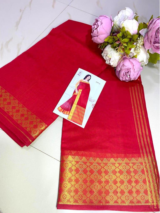 Cotton Saree Gold Border Red Color