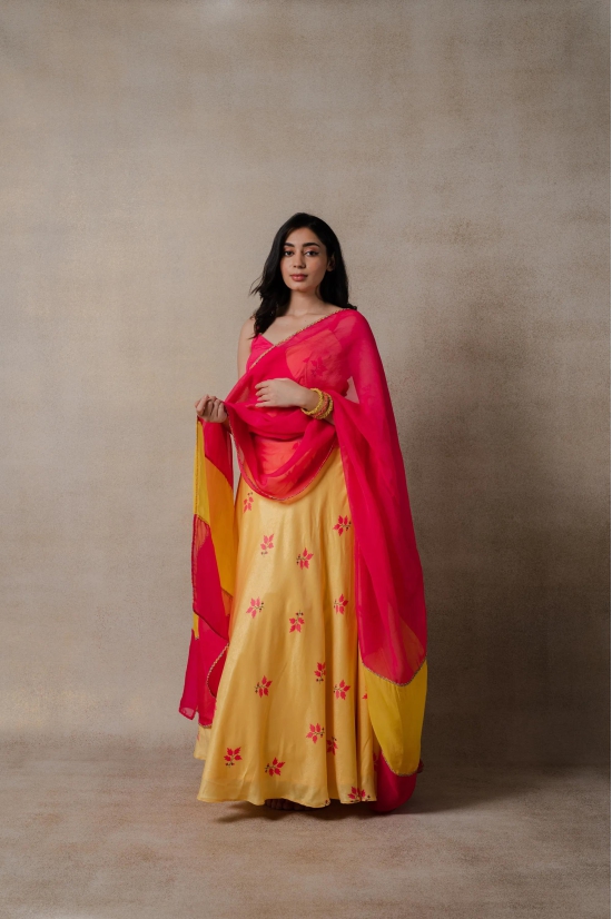 Pink and Yellow Phulkari lehenga Set-2XL