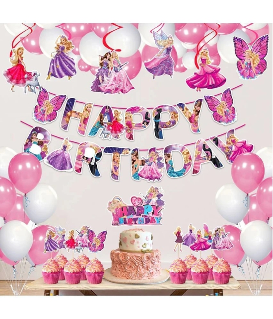 Zyozi ® Barby Princess Theme Birthday Decorations Set - Girls Theme Birthday Party Decorations Banner, Balloons, Cake & CupCake Topper with Swirls (Pack Of 43) - Pink & White