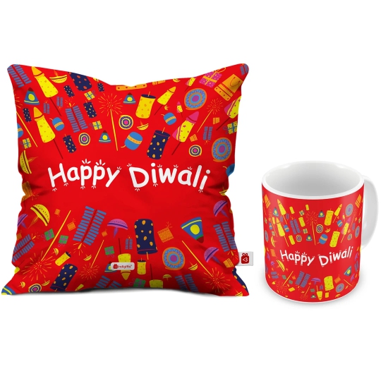 Indigifts Diwali Decoration Items Happy Diwali Quote Red Cushion Cover 12x12 with Filler & Mug - Diwali Gift Items, Dipawali Gift Items, Dipawli Gifts, Deepawali Greetings, Deepavali Decoration