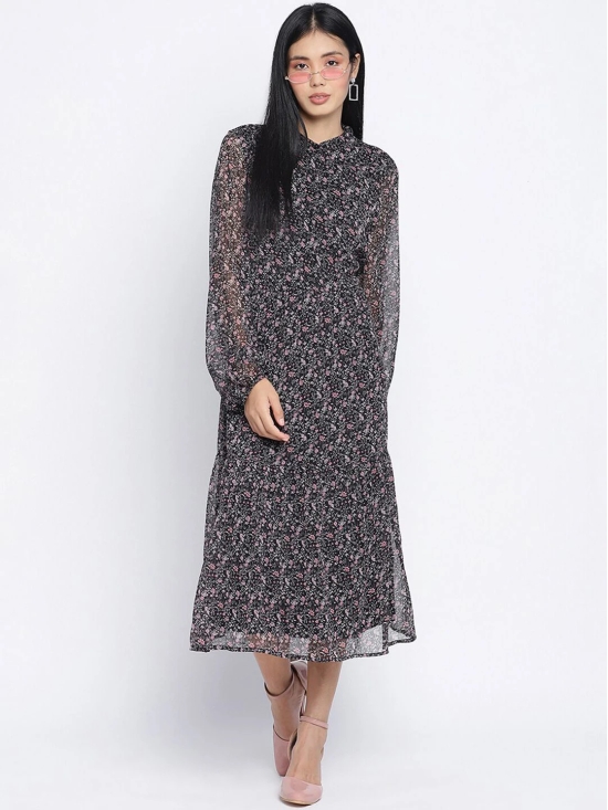 Oxolloxo Black Floral Satin A-Line Midi Dress