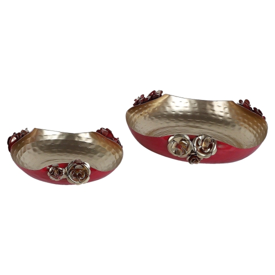 Red & Gold Hammered Rose Urli Set of 2-Gold