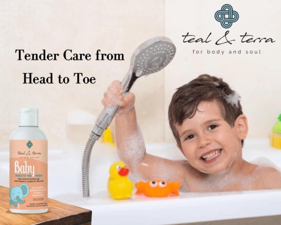 Teal & Terra Gentle Baby Head-To-Toe Wash (200ml) | Tear Free, Mild Cleansing for Soft & Sensitive Skin | Aloe Vera, Vitamin E, Jojoba & Olive Oil Blend | Moisturizes Hair, Scalp & Skin