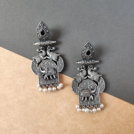 Beautiful Silver Look Alike Oxidised Black Stone Long Chandbali Dangler Earrings For Women And Girls For Diwali Festive Seasons