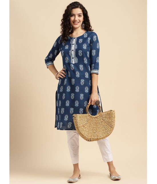 Rangita Women Indigo Cotton Printed Knee Length Straight Kurti - None