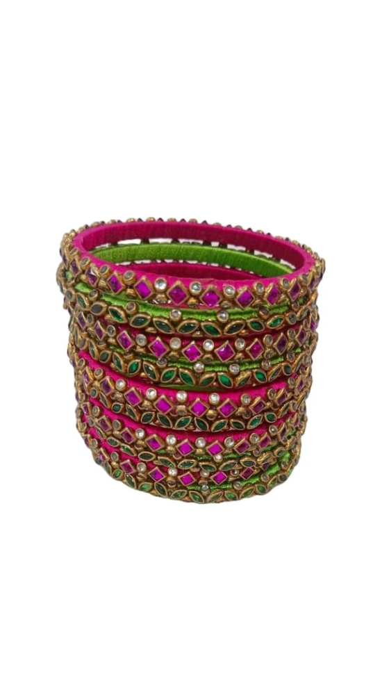 Pink and Green Bangle Set with Kundan Stones