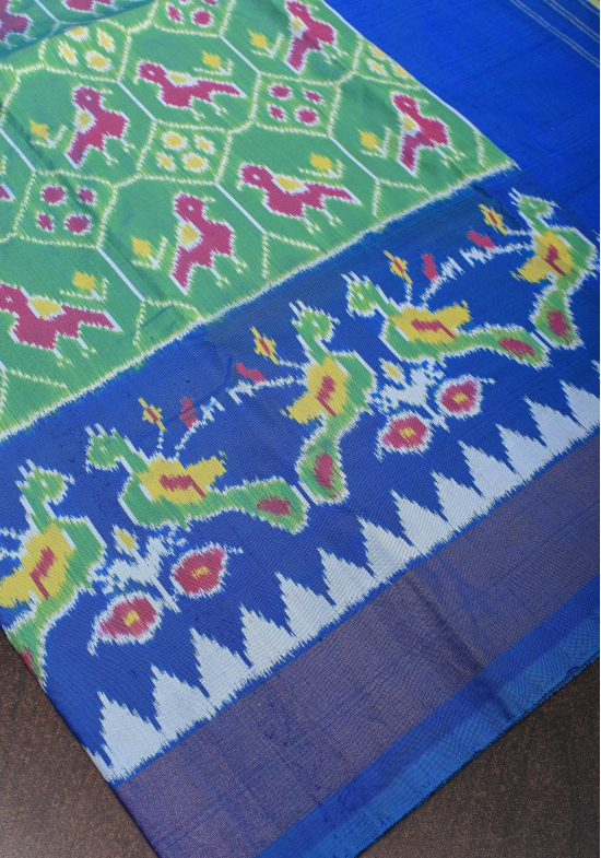 Ikkat Pochampally Pure Silk Saree in Sea Green and Blue | SILK MARK CERTIFIED