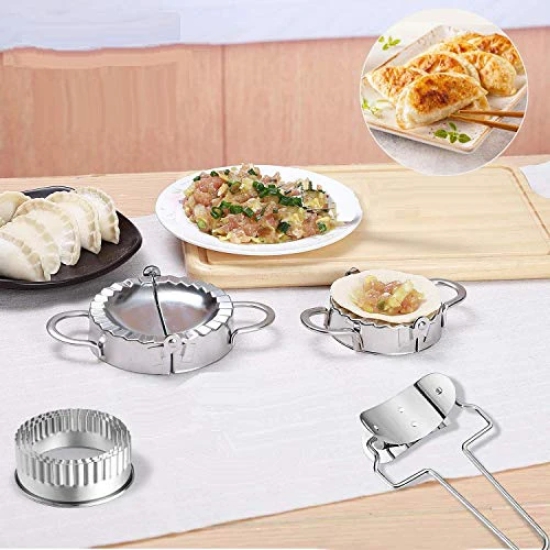 NIDY® 6Pcs Stainless Steel Dumplings Maker, 2Pieces Dumpling Molds, 1Piece Dumpling Skin Roller and 3 Pieces Dumpling Skin Cutter(Fluted Edge) Pie Ravioli Empanadas Press Mold Kitchen Accessories