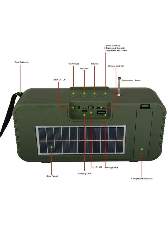 hitage BS-62 SOLAR Charging 5 W Bluetooth Speaker Bluetooth V 5.0 with USB,LED lights Torch Playback Time 24 hrs Green - Green