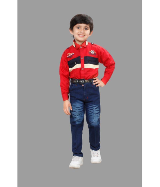 DKGF Fashion - Red Cotton Blend Boys Shirt & Jeans ( Pack of 1 ) - None