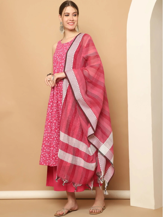 Printed pink flared kurta pallazos dupatta set-M / Pink