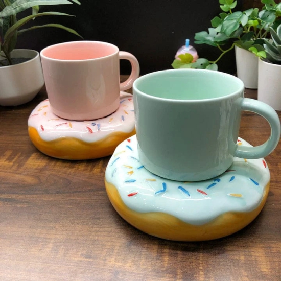 K-Inspired Macaroon Coffee Mug with Doughnut Saucer-Light Pink