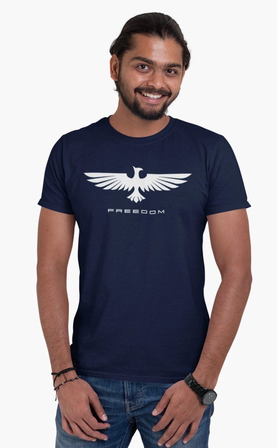 Mens Round Neck Eagle Freedom T-shirt-Navy Blue / 4XL