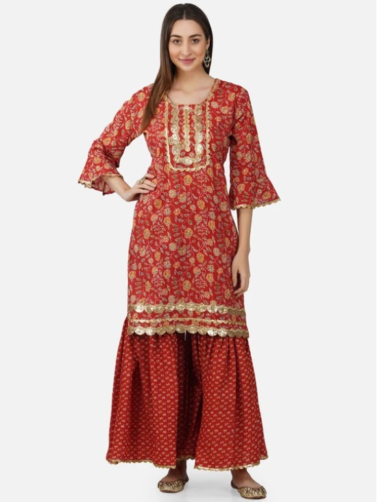 Women Floral Printed Sequinned Bell Sleeve Pure Cotton Kurta with Sharara