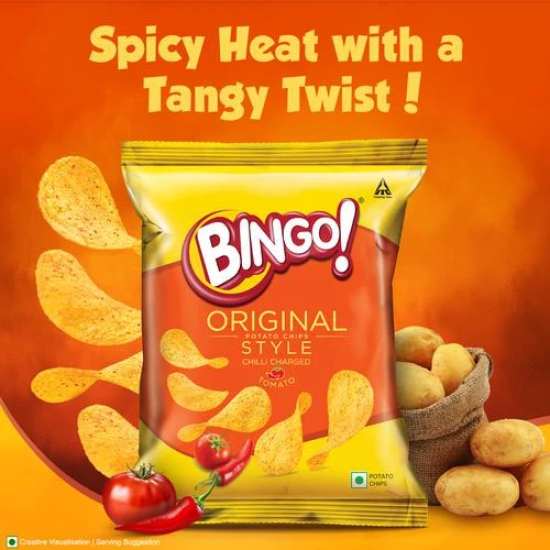 Bingo Original Style Chilli Charged Tomato - Flat Cut Spicy & Tangy Potato Chips Pack For Snacks, 58 Gm