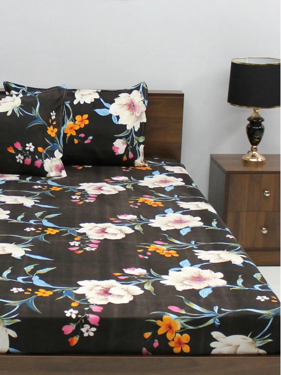 Bedsheet Vista 110 GSM Microfiber Black Floral Double with 2 Pillow Covers-Black