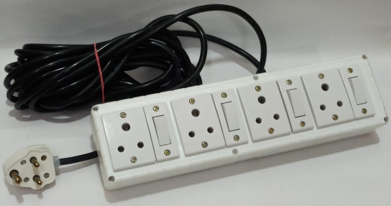 6A 4 Sockets (3 Pin Socket) & 4 Switch (Straight) Extension Box with 6A Plug & 20m Wire