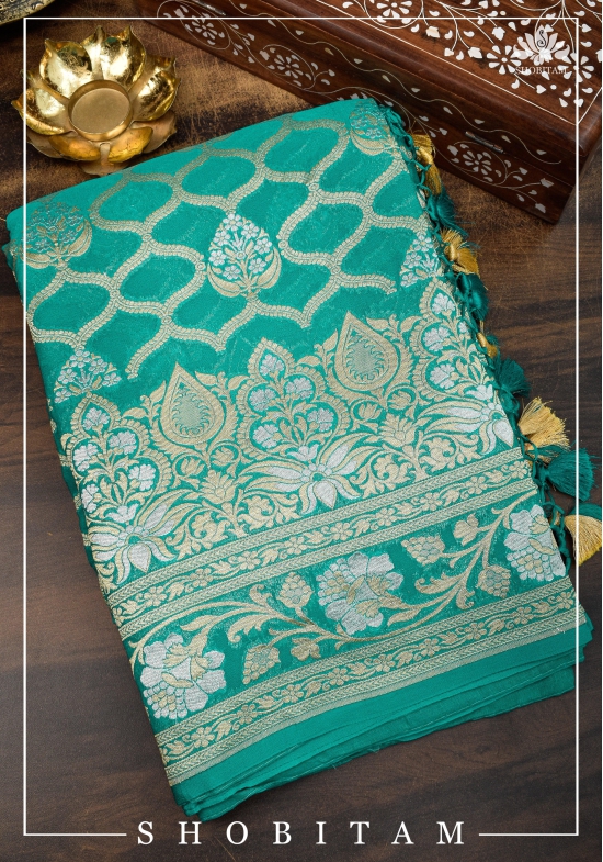 Banarasi Silk Georgette Saree in Alfi Sona Rupa Jaal Weave in Tiffany blue with Stacked border | SILK MARK CERTIFIED | Sarees By Shobitam